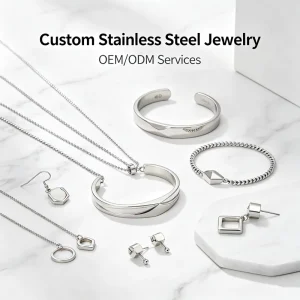 Custom Minimalist Silver Stainless Steel Jewelry Set OEM ODM Engrave Geometric Necklace Bracelet Earrings for Women Men