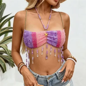 Custom New Arrival Handmade Festival Outfit Female Pearl Bra Top Body Chain Bikini Cover up Pink Purple Crystal Beaded Top
