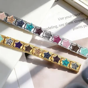 Custom New Fashion Colorful Star Leopard Print Italian Charm Link Fit 9mm Stainless Steel Bracelet Making Beads Jewelry DIY Gift