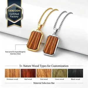 Custom OEM Men’s Dog Tags Necklace Hypoallergenic 316L Stainless Steel Necklace Natural Wood Inlay Pendant Factory