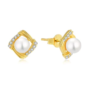 Custom Oem Fine Jewelry 18K Gold Plated Cz Women Big Pearl Stud Earrings S925 Sterling Silver