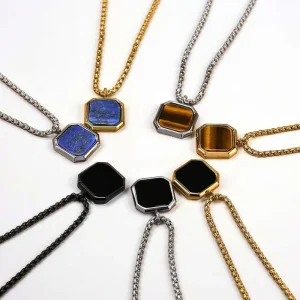 Custom PVD Stainless Steel Jewelry Trendy 18K Gold Plated Square Pendant Necklace Charms Natural Stone Necklace Accessories