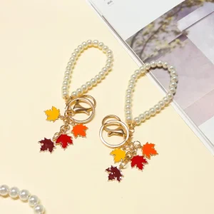 Custom Pearl Beaded Bracelet Keychain Maple Leaf Charm Wristlet Key Ring Fashion Bag Pendant Accessories