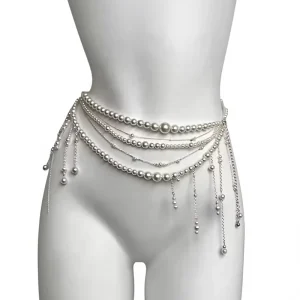 Custom Pearl Multi Layer Beaded Tassel Waist Chain with Copper Pin Buckle for Women Dress Jeans Belt