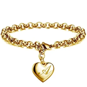 Custom Personalized A to Z English Initial Letter Fashion 18K Gold Plated Stainless Steel Jewelry Charm Bracelets for Women
