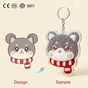 Custom Plastic Dog 3D Keychain Red Scarf Acrylic Keyring Chenille Fur Bag Charm Personalized Kawaii Animal Gift