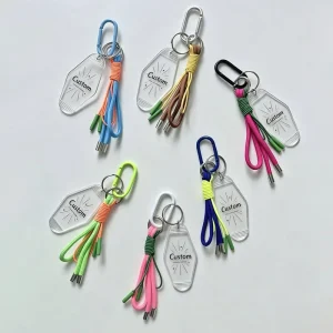 Custom Print Logo Decorative Rope Acrylic Key Chain Accessoire Fabric Woven Bag Charms Blanks Plastic Acrylic Keychain