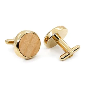 Custom Promotional Gift Brand Designer Gold Plated Fashion Jewelry Men Suit Shirt Wood Cufflink Sets Customized