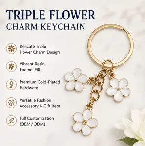 Custom Resin Flower Keychain Gold Plated Three Petal Charm Key Ring Women Girls Fashion Bag Accessory Promotional Gift