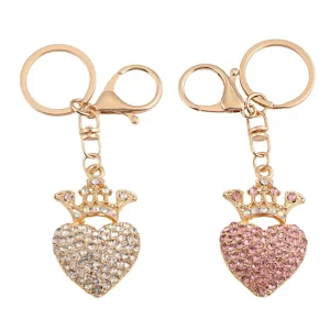 Custom Rhinestone Crown Heart Keychain Fashion Bling Crystal Bag Charm Heart Pendant Keyring for Handbag Accessories