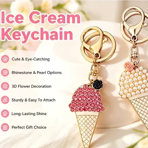 Custom Rhinestone Ice Cream Cone Keychain Crystal Sweet Bag Charm Key Ring Bag Pendant Gift for Women Girls Birthday Christmas