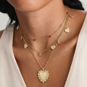 Custom Romantic Fashion Women Heart Layered Necklace Gold Chain Heart Pendant Red Enamel Heart Charm Fashion Jewelry