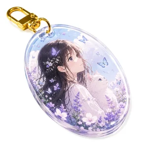 Custom Sakura Bouquet Girl Oval Acrylic Keychain Thick Epoxy Coating Vivid Color Anime Fan Merch Backpack Decorative Key Ring