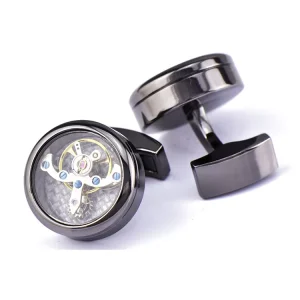 Custom Silver Black Circle Mechanical Movement Tourbillon French Crystal Rhinestone Men’s Cufflinks