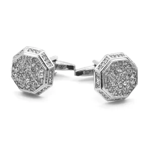 Custom Silver White Diamond Crystal Classic Cufflinks Trendy Fashion Accessory for Men’s Suit Shirt for Wedding Tuxedo