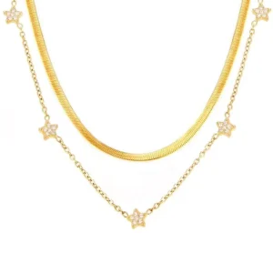Custom Simple Five pointed Star Inlaid Zircon Clavicle Necklace Stainless Steel 18k Gold plated Stackable Necklace for Women