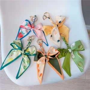 Custom Small Fresh Fruit Pattern Silk Scarf Bow Keychain Cute Creative Key Chain Handbag Wallet Decor Pendant Charms