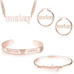 Custom Stainless Steel Rose Gold Plated Initial Letter Name Earrings Bangle Necklace Waterproof Personalized Jewelry Set