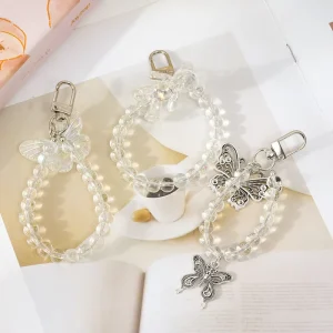 Custom Transparent Beaded Keychain Butterfly Bear Acrylic Wristlet Keyring Bag Pendant Accessories for Women Girls