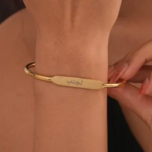 Custom Unisex Stainless Steel Laser Engraved Bracelet Vacuum Gold Plated Flat Cuff Bangle Personalized