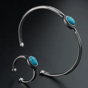 Custom Vintage European American Western Style Stainless Steel Bangle Ring Set Gold Plated Turquoise Pearl Unique Jewelry Set