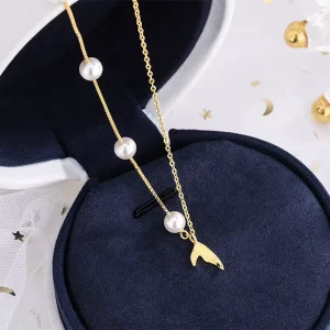 Custom Women 316L Stainless Steel 18K PVD Gold Plated Freshwater Pearl Mermaid Tail Pendant Cable Link Chain Fashion Necklace