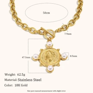 Custom Women Gold Plated Vintage Coin Pearl Pendant Necklace 316L Stainless Steel Thick Rolo OT Toggle Choker Jewelry