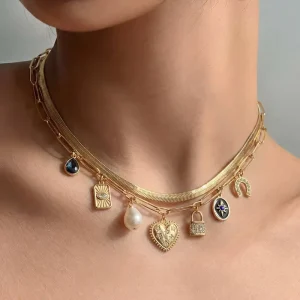 Custom Women Layered Necklace Gold Snake Paperclip Chain Heart Coloful Lock Star Charm Pendant Necklace Fashion Jewelry OEM ODM