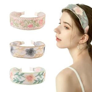 Custom Women’s Flower Embroidered Headband New Floral Hair Accessories with Wide Edge Headwear for Girls Ladies