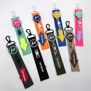 Custom Woven Nylon Keychain Lanyards with Silicone Logo Tags Fashion Bag Key Straps
