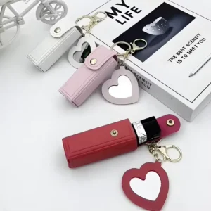 Custom logo Fashion Cute Leather Liquid Lipstick Bag Keychain Holder Lip Balm Case with Makeup Mirror for Women Summer Bag Charm