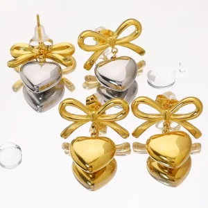 Customizable 18K Gold Plated Women’s Bow Heart Stud Earrings Elegant Stainless Steel Cufflink Accessories