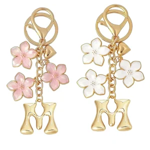 Customizable 26 Letters Cherry Blossom Enamel Flower Heart Pendant Keychain with Letter Charm for Bag & Car Key Gift