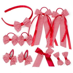 Customizable Back to School Students Gingham Hair Accessories Set for Girls Gingham Streamers Hair Clips Tie School Headband