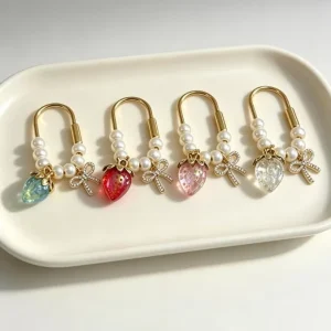Customizable Beach Bag Charm BoHo Fruit Strawberry Rhinestone Bow Pearl Beaded Tassel Keychain Bag Accessories Gift for Her
