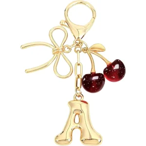 Customizable Bubble Initial Keychain Bow Cherry Gold Letter Bag Charms for Women Cute Purse Handbag Accessories