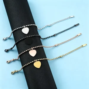 Customizable Engraved Heart Beaded Chain Bracelet Personalized Stainless Steel Adjustable Women Jewelry