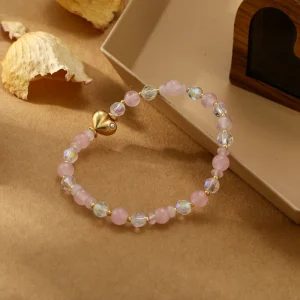 Customizable Gold Plated Daily Casual Handmade Pink Natural Stone Crystal Stretch Beaded Bracelet for Women Gift