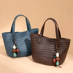 Customizable Light Luxury Vintage Retro Fashion Handcrafted Soft PU Solid Color Woven Waterproof Button Closure Bucket Bag