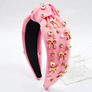 Customizable Mini Pink Bow Rhinestone Knotted Headband Factory Direct Sweet Girly Hair Accessories
