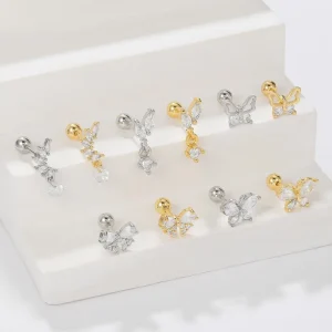 Customizable Titanium Hypoallergenic Real Gold Plated Piercing Studs Drop Earring Butterfly Geometric Zircon Cartilage
