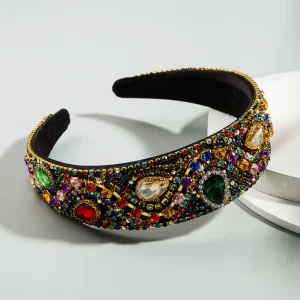 Customizable Vintage Multicolor Gem Rhinestone Wide Headband Luxury Formal Hair Accessories