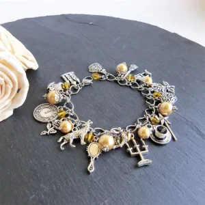 Customized Beauty and the Beast Gold Pearl & Crystal Charm Bracelet Fine Jewelry Process Applied to Stainless Steel