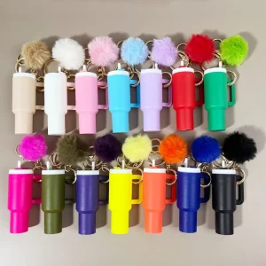 Customized Ice Bucket Plastic Keychain with Pom Pom Pendant Soft Can Hold Lipstick Key Rings for Backpack Charm