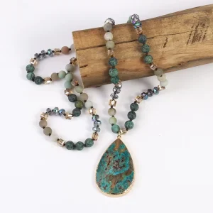 Customized Jewelry Women Bohemia 8mm Frost Amazonite Crystal Glass Natural African Turquoise Stone Pendant Necklace