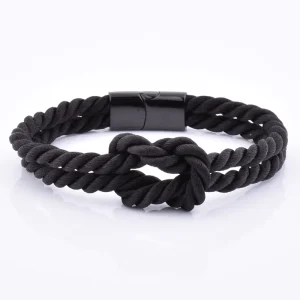 Customized Logo 316L Stainless Steel High Polished Clasp Bracelet for Unisex Black Woven Rope Knot Design