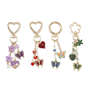Customized Luxury Style Pearl Beaded Chains Butterfly Heart Gold Plated Key Chains Handbag Charms
