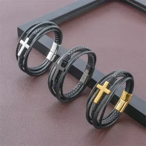 Customized Name Logo Laser Marking Stainless Steel Cross Bracelet Men’s Wristband Leather Bracelet