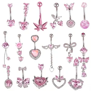 Customized Personalized 316L Stainless Steel Pink Dangle Double Head Zircon Belly Button Ring Navel Ring Body Piercing Jewelry