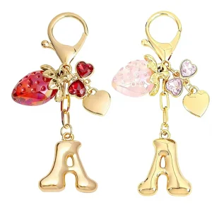 Cute 18K Gold Plated Strawberry Heart Crystal 26 Initial Letter Charm Keychain for Women Fashionable Versatile Bag Pendant